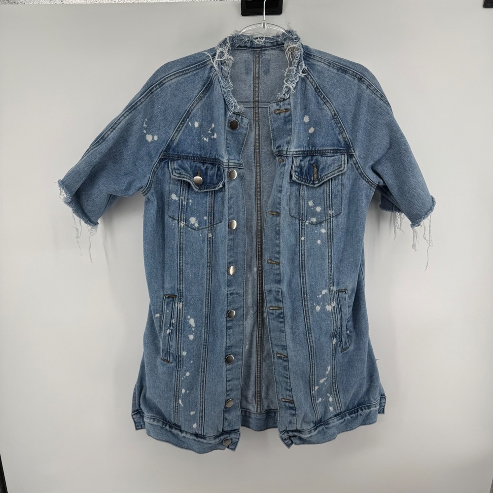 Forever‎ 21 Distressed Denim Jacket Paint Splatter Raw Hem Women's Medium